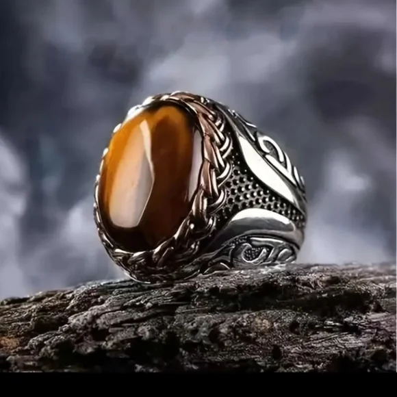 Vintage Tiger Eye Silvery Ring Bohemian Style Size 8 - Picture 17 of 17